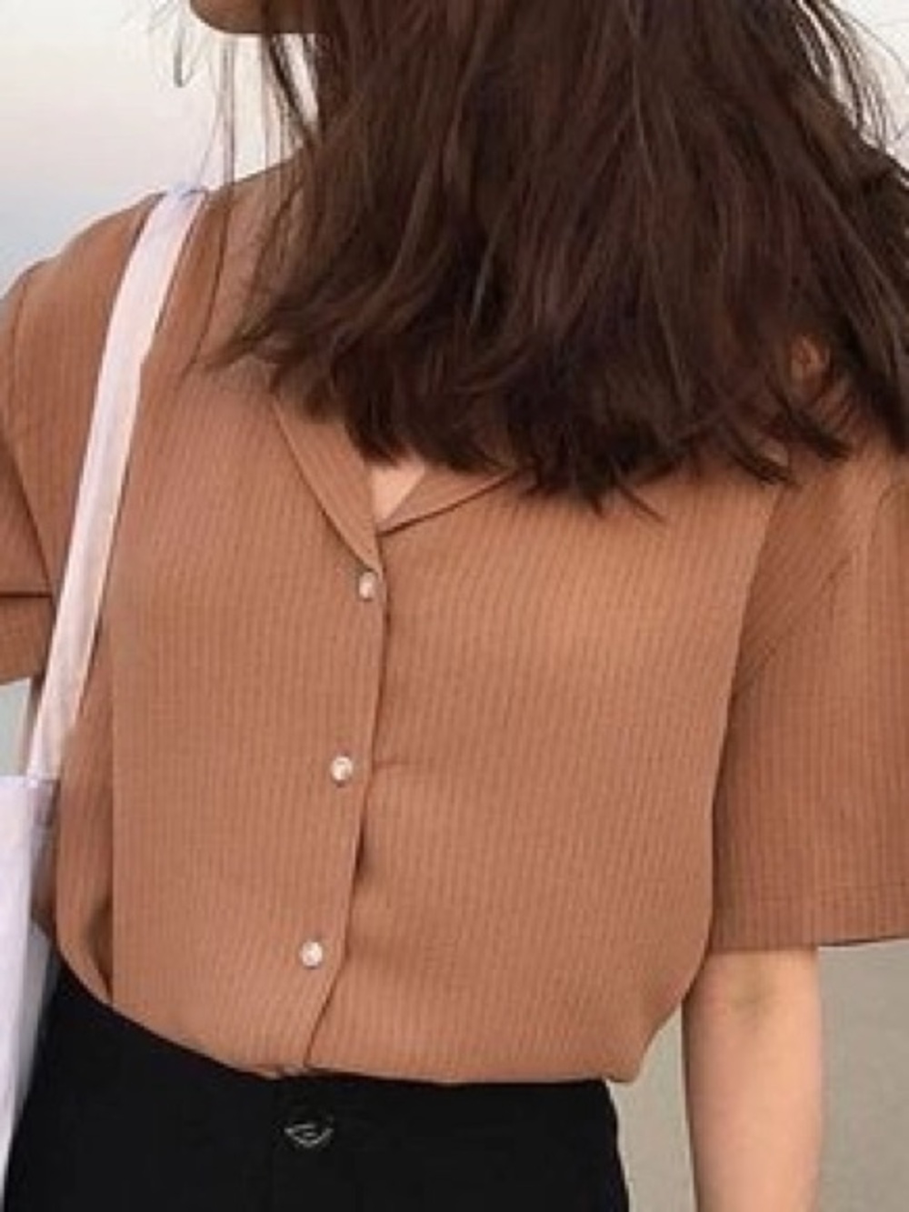 Ribbed Button-Front Short Sleeve Blouse in Camel